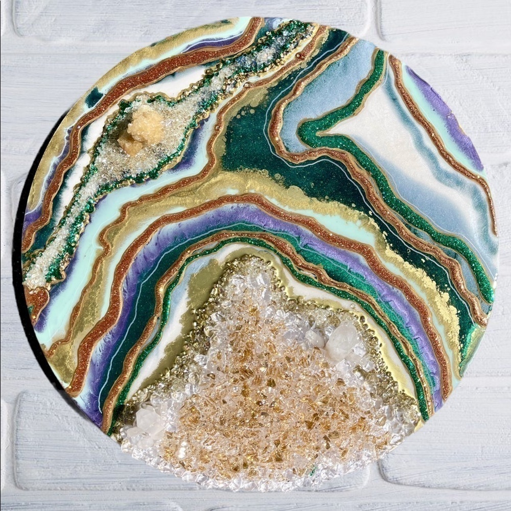 Geode Abstract Resin Art Piece | 24" Round | Yellow Calcite Crystals and Quartz
